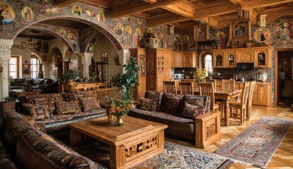Rustic, ornate interior with murals
