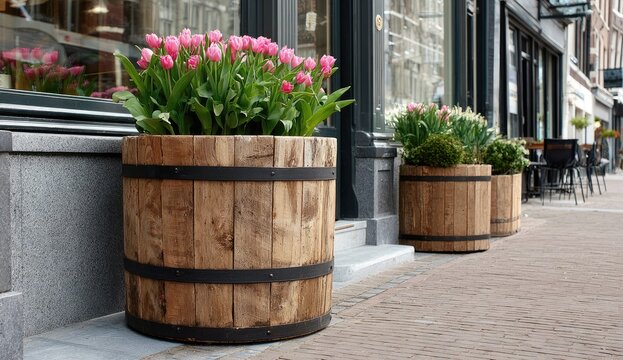 Wooden planters with pink tulips - Powered by Adobe