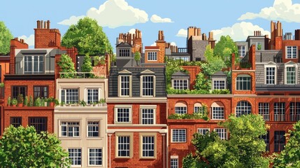 Fototapeta premium Rooftop gardens on brick townhouses.