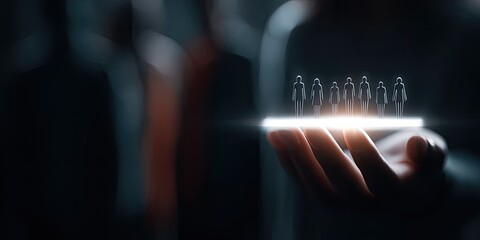 A hand holds a glowing screen displaying silhouettes of people