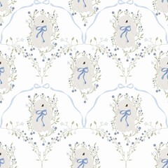 Seamless Bunny Pattern with Blue Ribbon and Floral Design