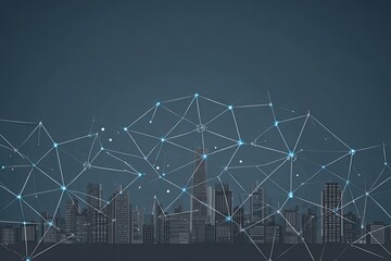 City skyline at night, connected by digital network
