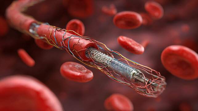 Peripheral Artery Angioplasty as Stent surgery procedure used to open narrowed or blocked arteries outside the heart as in the legs representing cardiology and blood circulation disease treatment.