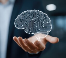 Holographic brain with circuit board design, held in a hand