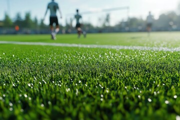 Mid-game soccer players on green field
