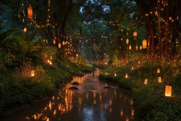 Magical Forest Path with Hanging Lanterns