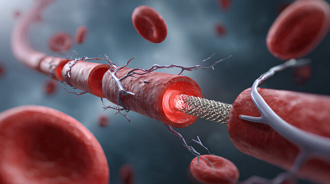 Peripheral Artery Angioplasty as Stent surgery procedure used to open narrowed or blocked arteries outside the heart as in the legs representing cardiology and blood circulation disease treatment.