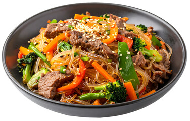 Japchae Korean Stir Fried Glass Noodles with Vegetables Traditional Asian Cuisine Food Cut Out