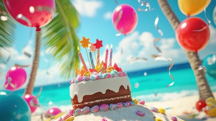 Tropical beach birthday cake with balloons.