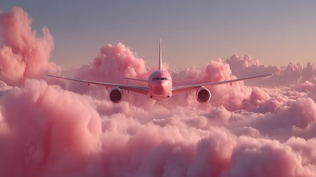 Pink airplane in pastel clouds at sunset