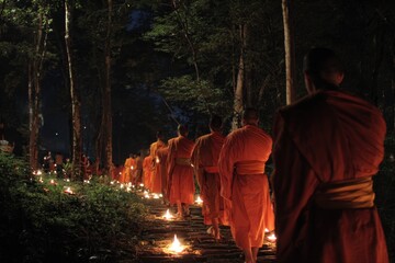 Monks Walking Through Forest Candle Path