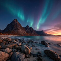 Naklejka premium Aurora borealis over a rocky Norwegian beach at sunset