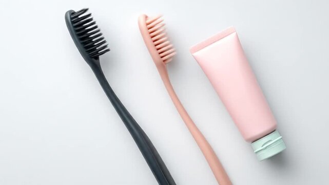 Two modern, stylish toothbrushes and a tube of toothpaste, arranged on a plain white surface.
