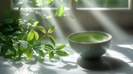 Fresh Green Tea Brewed a Ceramic Bowl Sunlight Beams and Leaves beverage drink