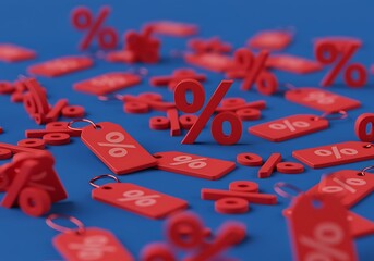Red Percentage Symbols and Price Tags on Blue Background Representing Sales and Discounts Offers