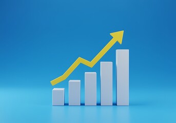 Rising Bar Chart with Yellow Arrow Illustrating Business Growth and Success on a Blue Gradient Background