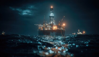 Offshore oil rig at night, dark ocean waves