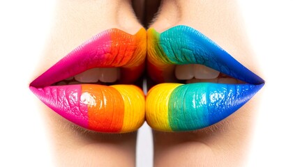 Close-up of painted rainbow lips kissing