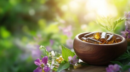 Capsules made from natural herbal extracts in a wooden bowl, on blurred background