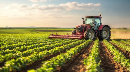 agricultural landscape featuring a biofuel-powered tractor working on a farm, with vast fields and crops in the background, softly blurred for focus