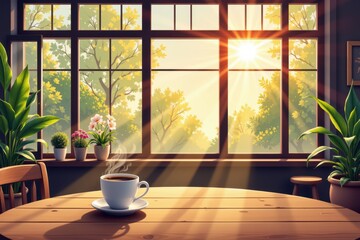 A cozy coffee shop in the morning, with a warm cup of coffee on the table. Natural sunlight streams through the large windows, creating a bright and inviting atmosphere.