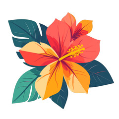 Stylized Hibiscus Flower with Teal Leaves Featuring Coral Pink and Golden Yellow Petals on White Background Optimized for Adobe Stock