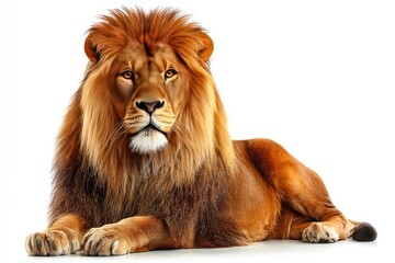 Fototapeta premium Majestic lion, lying, orange fur, against white