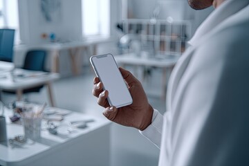 Person in lab coat holds a blank smartphone