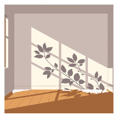 Beige Room Interior with Plant Silhouette and Sunlight Through Window Creating Abstract Pattern Design Element Home Decor in Interior Design Concept