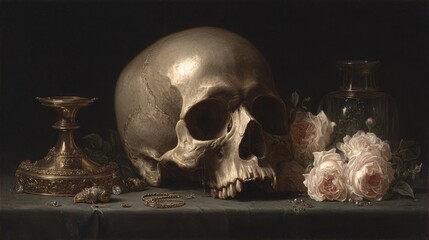 Flemish Baroque still life with skull, brass candlestick, jewel box, pink and white roses in glass vase, vanitas theme, Dutch Golden Age, rich jewel tones, dramatic chiaroscuro