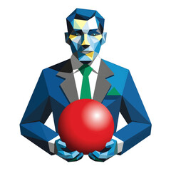 Geometric Man in Blue Suit Holding Red Sphere with Neutral Expression on White Background Decorative Low Poly Style