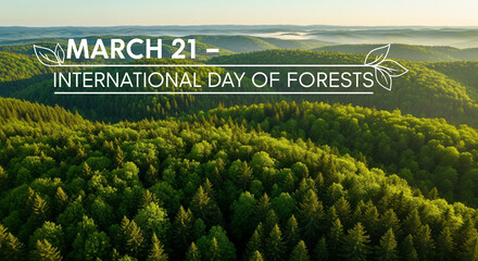 Stunning aerial drone view of an endless green forest canopy with overlay text “March 21 – International Day of Forests,” emphasizing the importance of global forest preservation.