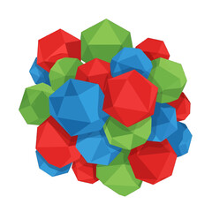 Cluster of Faceted Red Green Blue Polyhedral Forms on White Background