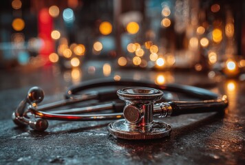 Stethoscope on dark surface, bokeh lights