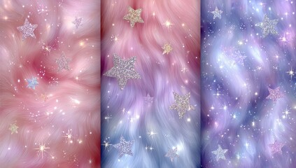 Three panels of soft, pastel-colored backgrounds featuring glittering stars