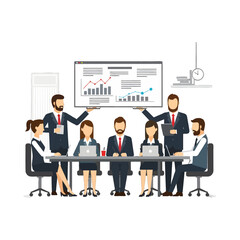 Diverse Business Team Meeting Around Conference Table in Office Analyzing Bar Graph and Line Chart Business Presentation in Brightly Lit Room