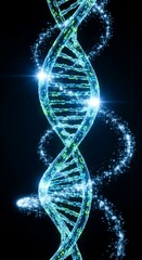 DNA double helix with glowing particles in dark space.
