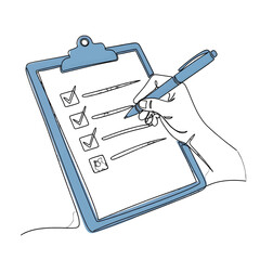 Hand Filling Out Checklist on Clipboard with Pen in Blue Outline on White Background