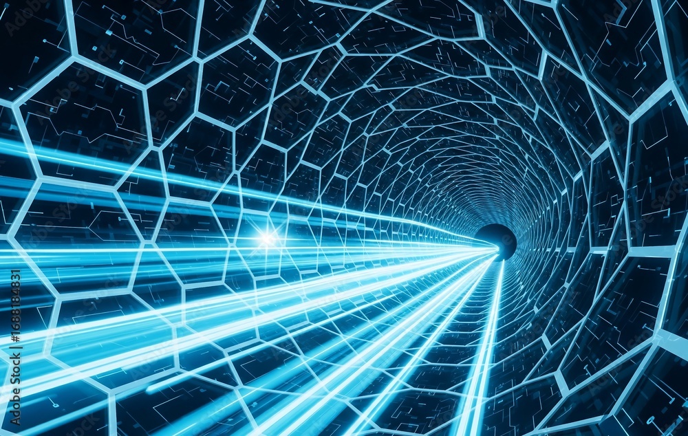 Poster digital technology tunnel with fast light beams and grid. cyberpunk sci-fi background for data trans