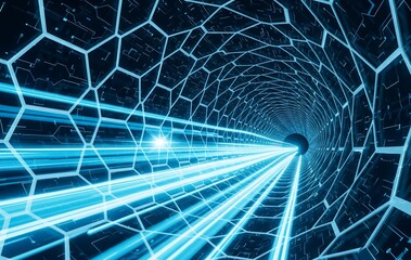 Obraz premium Digital Technology Tunnel with Fast Light Beams and Grid. Cyberpunk Sci-fi Background for Data Transfer and Connectivity.