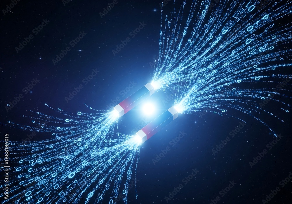 Poster global data flow and digital magnetism on a deep space background.