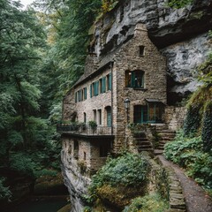 Rustic stone house nestled in a forest ravine