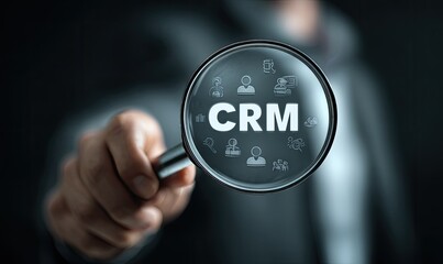 Hand holding magnifying glass focused on CRM acronym with customer icons