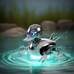 Obraz premium Cyborg Duck Swimming on Water Surface with Futuristic Glowing Light.