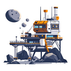 Detailed Space Station on Rocky Surface with Pixel Art Style and a Distant Moon