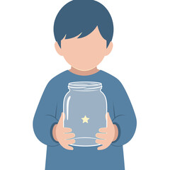 Boy Holding Empty Glass Jar with Star Illustration in Soft Blue Tones Against White Background Creates a Sense of Hope and Wonder