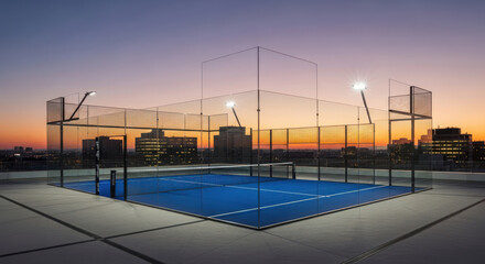 Blue Paddle Court on Rooftop at Dusk Urban Sporting