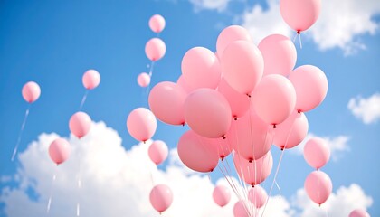 Pink balloons float in a clear blue sky