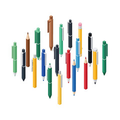 Collection of Colorful Pens and Pencils Arranged on White Background with Various Textures in a Flat Lay Minimalist Style Still Life