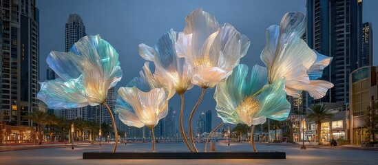 Illuminated floral sculptures in urban setting